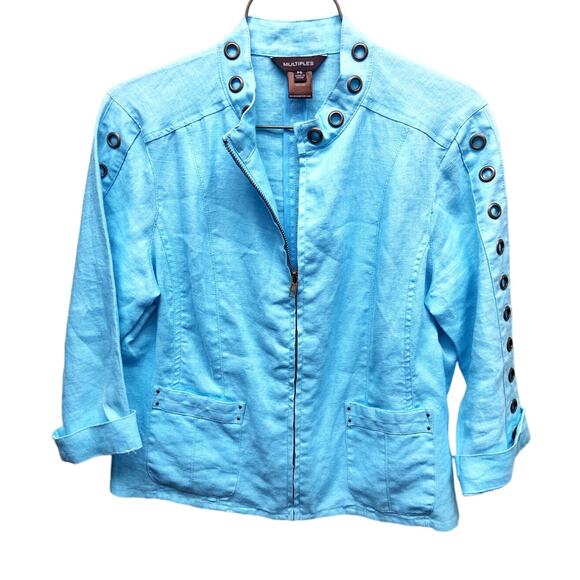 Multiples Blue Grommet Embellished Linen Jacket Zip Up with Pockets Size PS - Picture 1 of 6